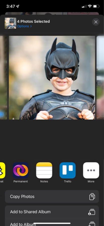 A screenshot from an iPhone featuring a selected photo of a young boy dressed as Batman with options to export the photo to different apps, including the Permanent app.