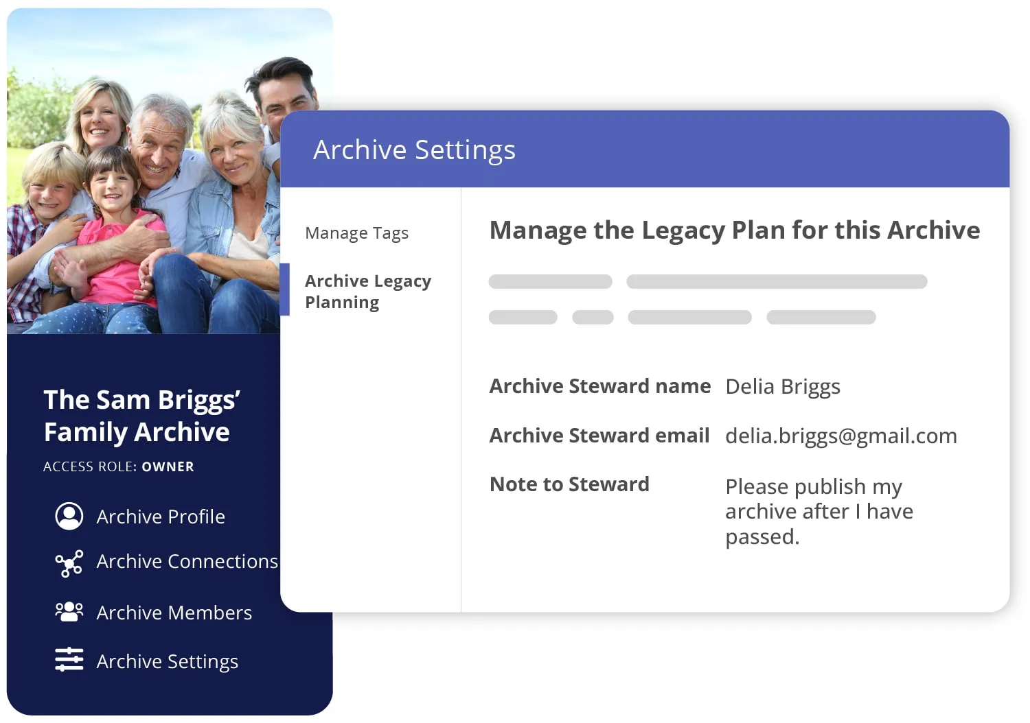 Legacy management settings for the family archive