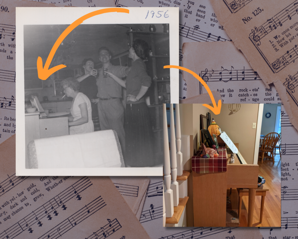 Two photos showing the same piano. One picture is from 1956 and shows an older woman playing piano while smoking. The other photo is a color photo of the piano in a modern house.