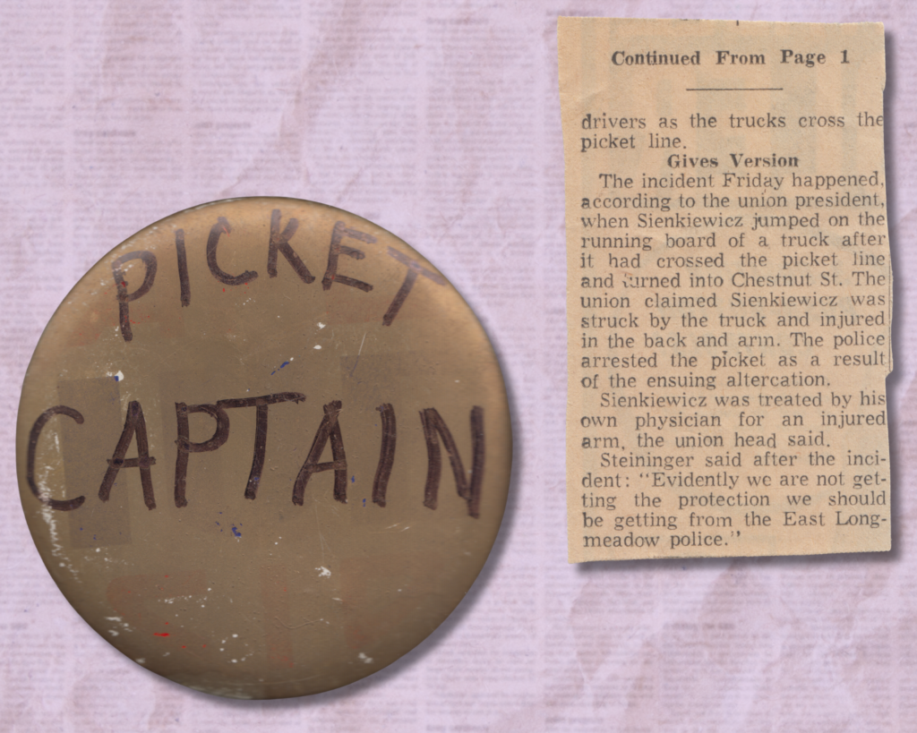 A button reading "Picket Captain" next to an article about a man getting arrested at a strike.