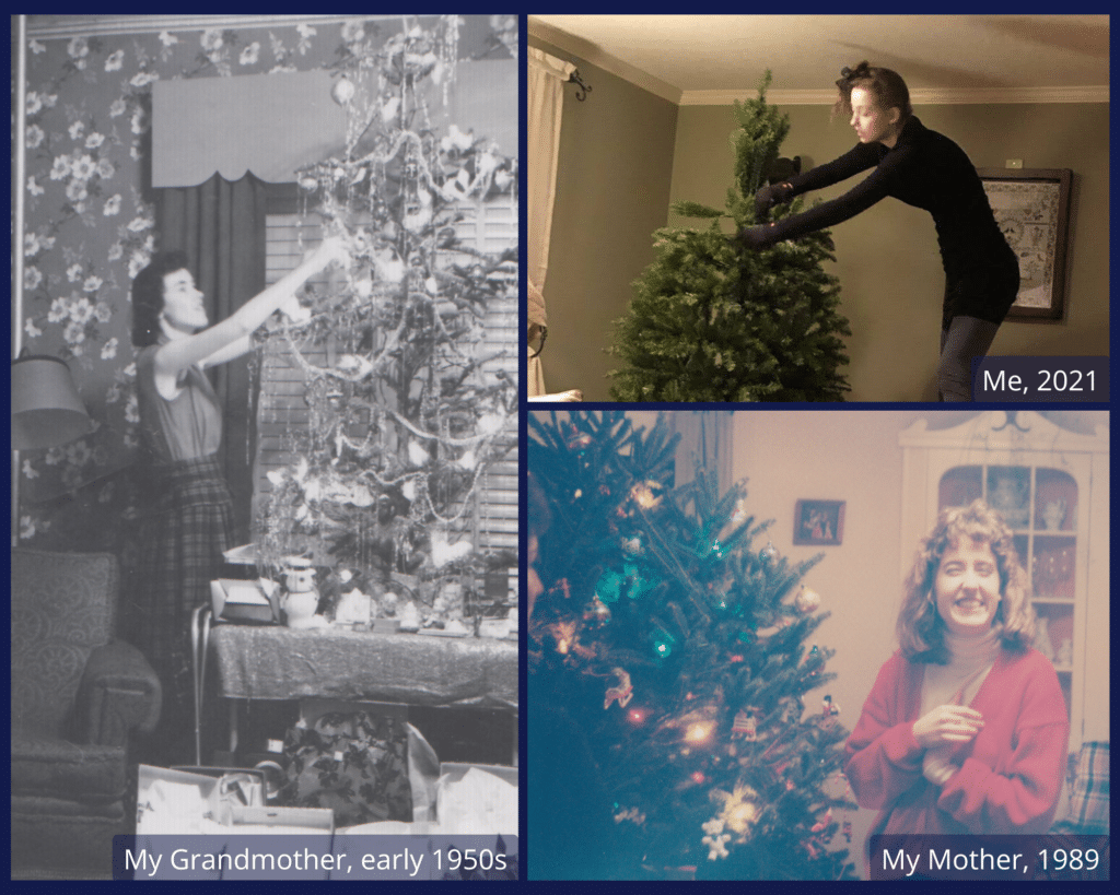A collage of three photos from different decades, all decorating a Christmas tree.