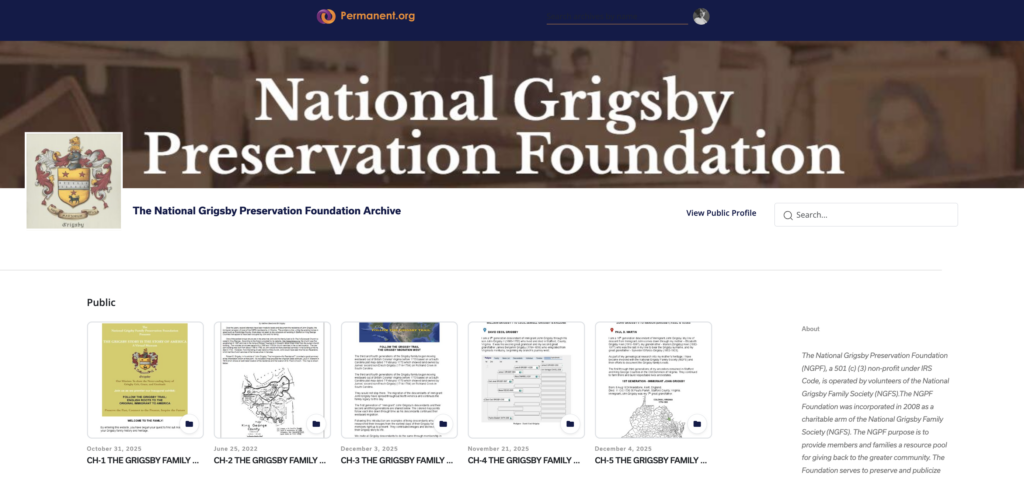 A screenshot of the Permanent.org archive for the The National Grigsby Preservation Foundation.