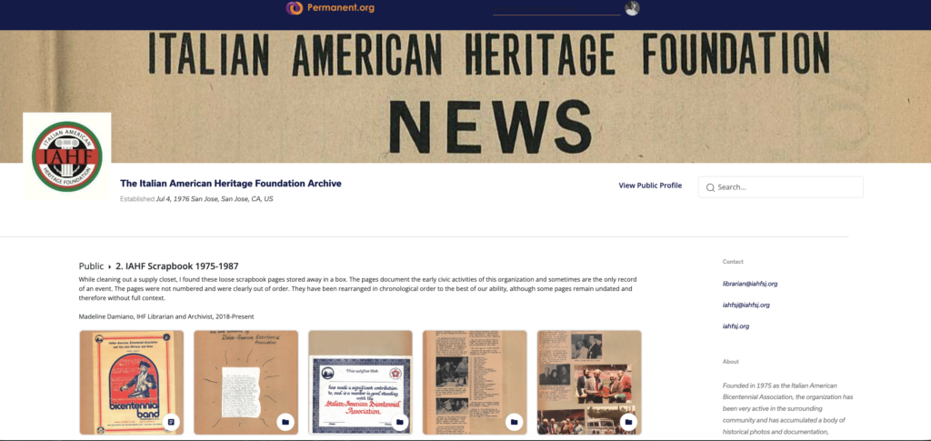 Screenshot of The Italian American Heritage Foundation Archive on Permanent.org.