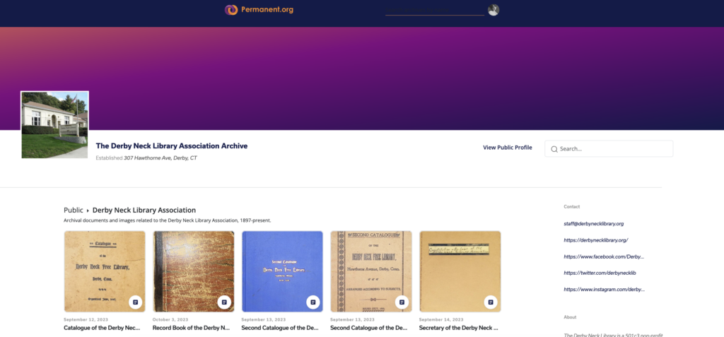 Screenshot of The Derby Neck Library Association Archive on Permanent.org.